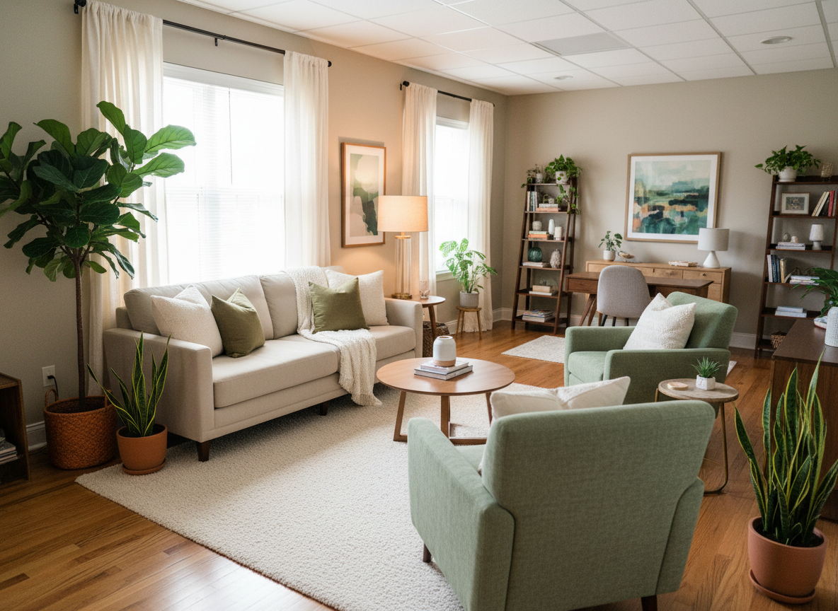 Warm, welcoming interior of the Embolden therapy office
